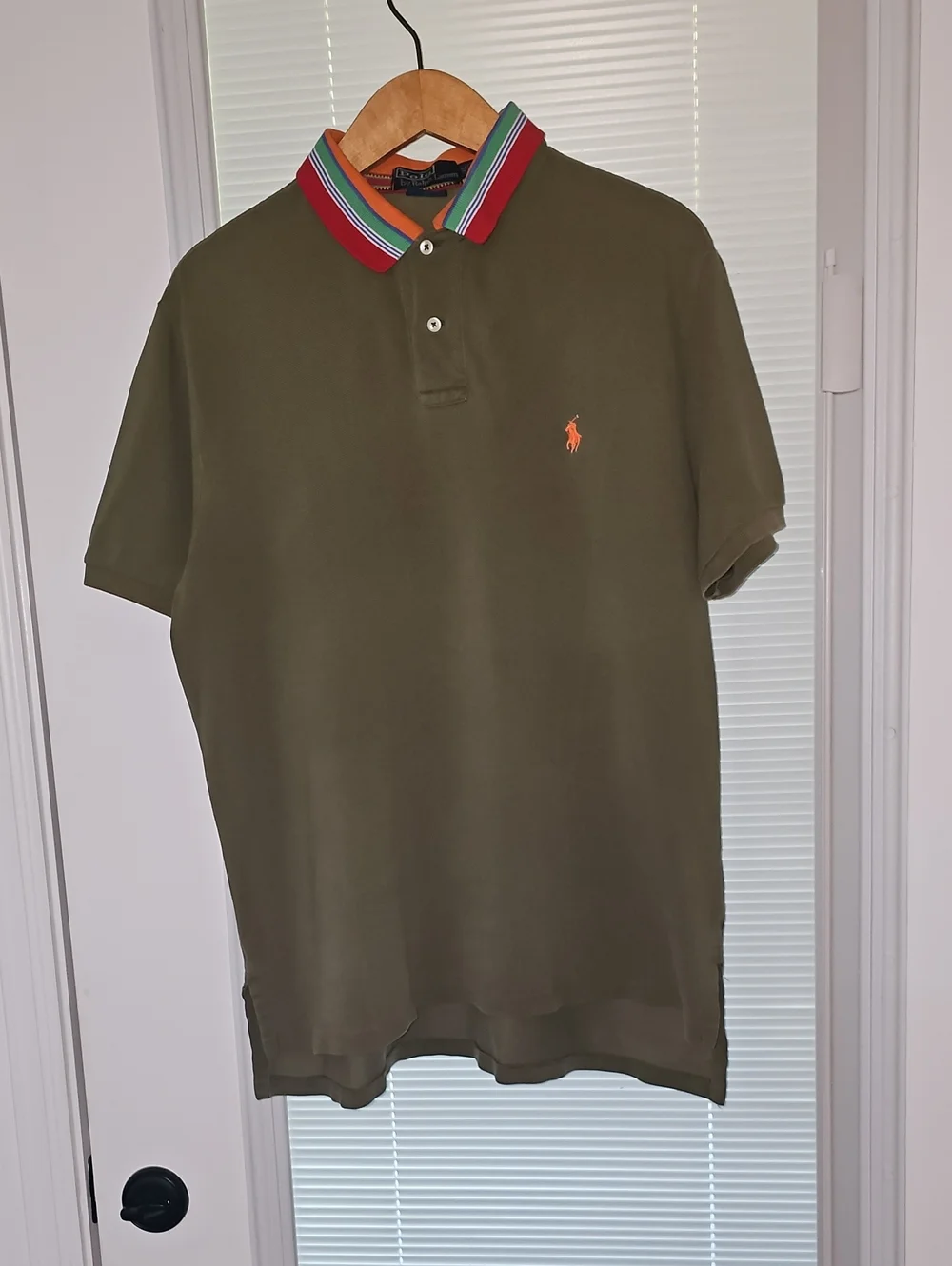 Ralph Lauren Olive Polo with Multi-Color Striped Collar